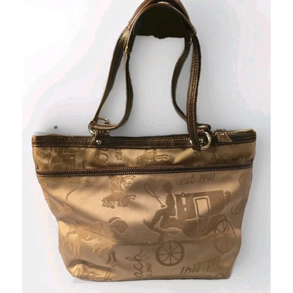 Coach F14483 Storybook Horse & Carriage Jacquard Tote Bag Champagne Gold